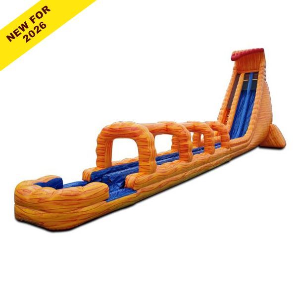 Orange and blue inflatable obstacle course with crawl arches and a steep slide on a white background