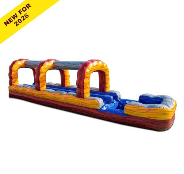 Colorful inflatable obstacle course with tunnels and slides on a white background