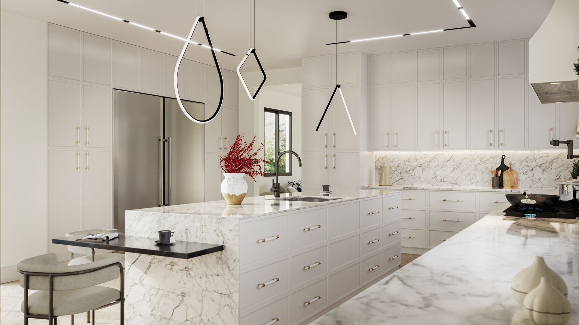 Bright modern white marble kitchen with sleek cabinets, island, stainless fridge, and geometric pendant lights