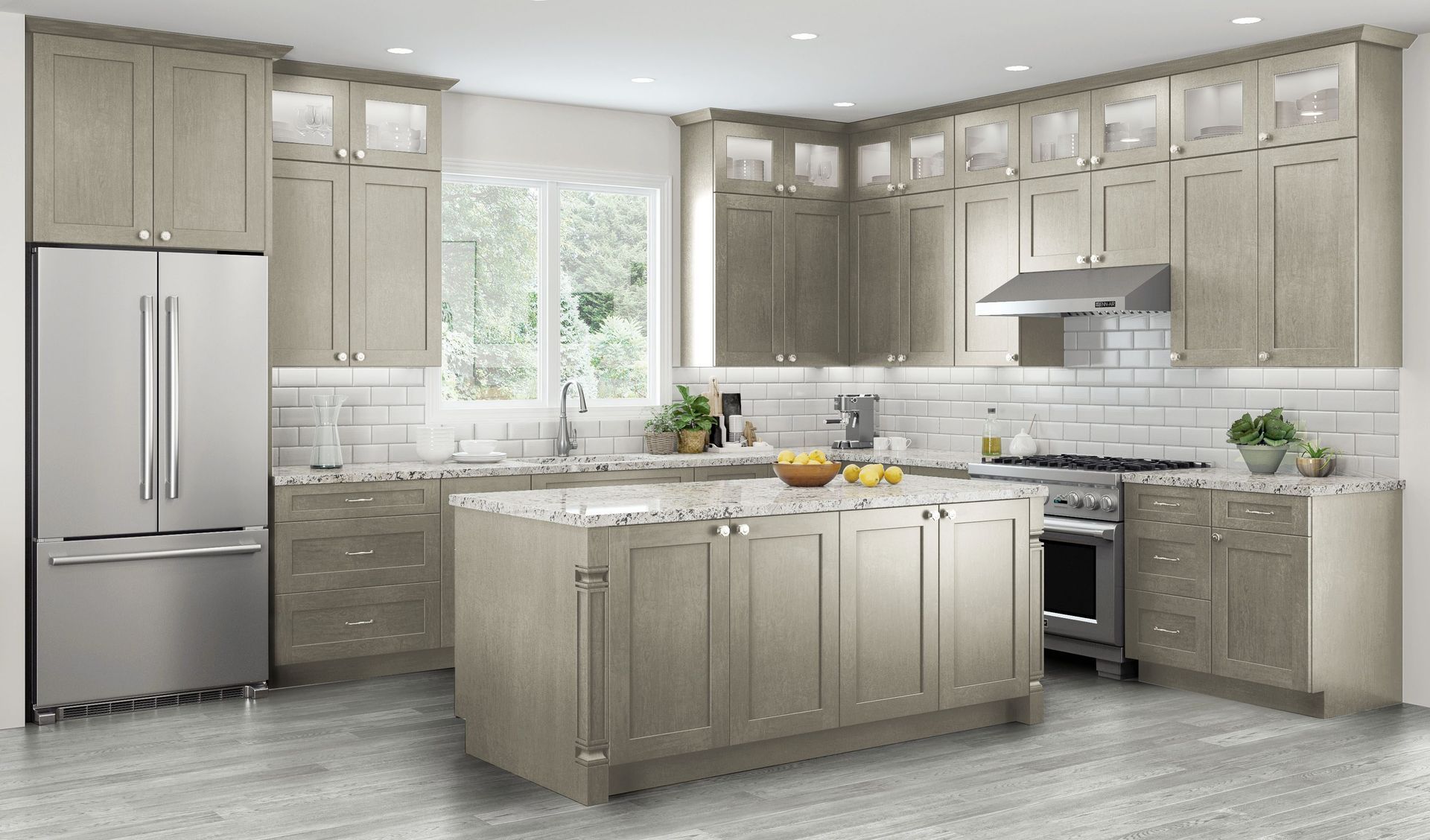 Bright modern kitchen with gray cabinets, stainless steel appliances, island, and large window