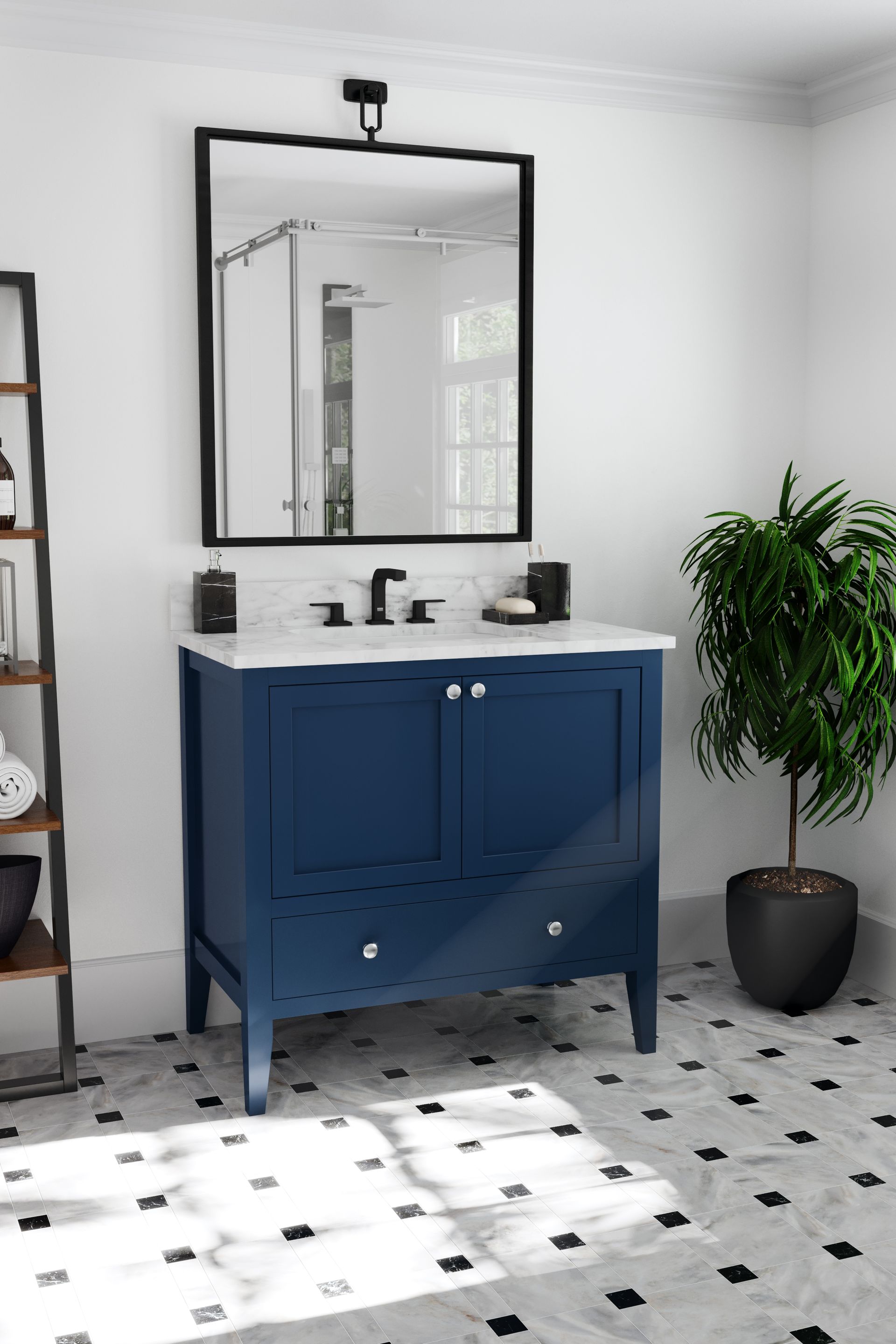Blue bathroom vanity with mirror, black fixtures, white patterned tile floor, and a potted plant