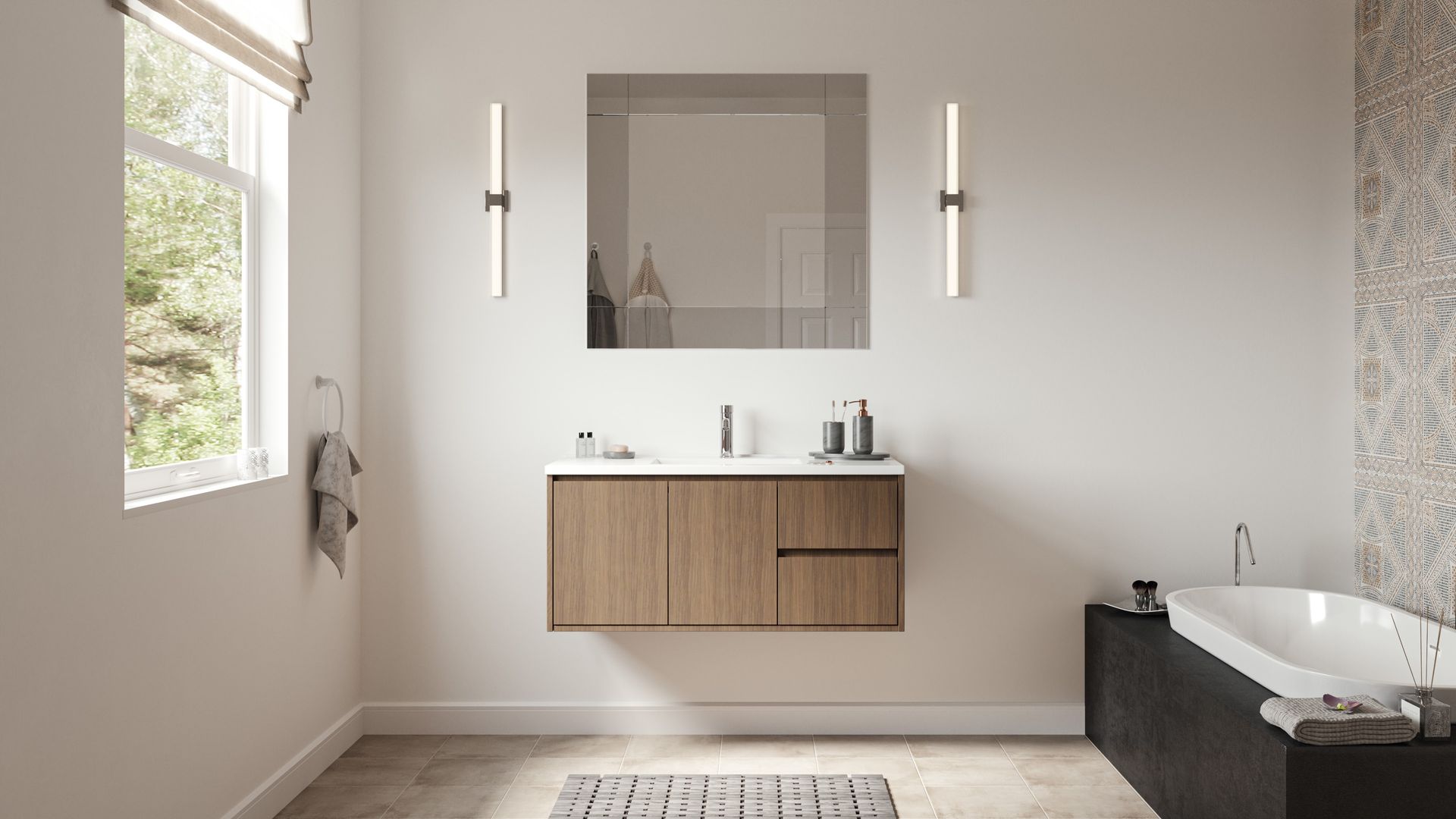 Minimal modern bathroom with floating wood vanity, wall mirror, sconces, window, and freestanding tub