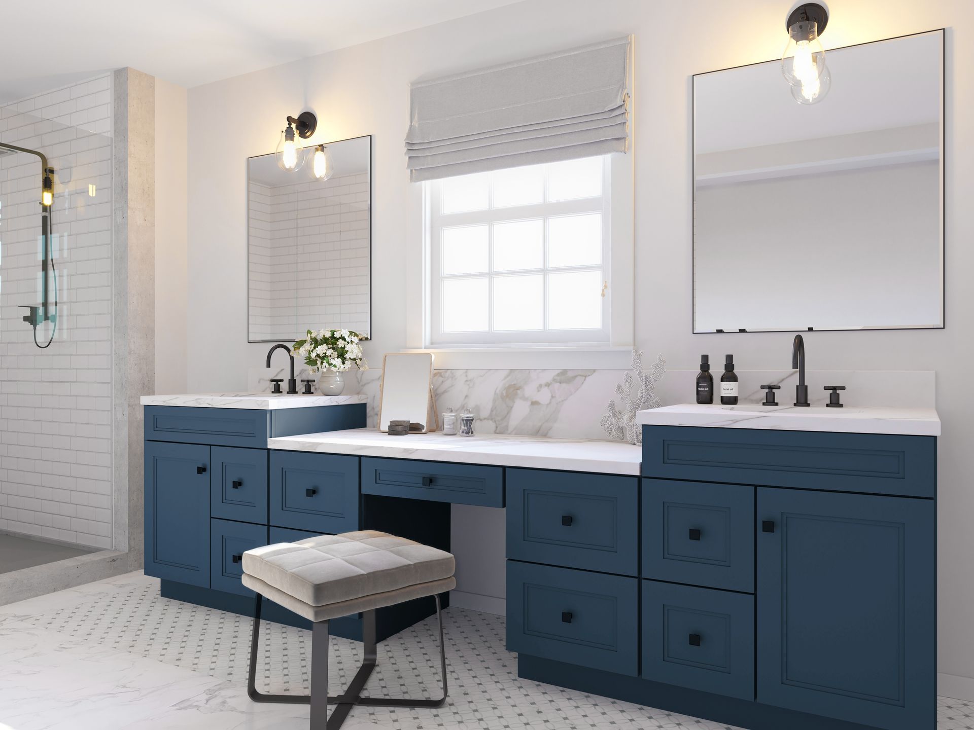 Modern bathroom with blue vanity, double sinks, mirrors, and a stool near a window