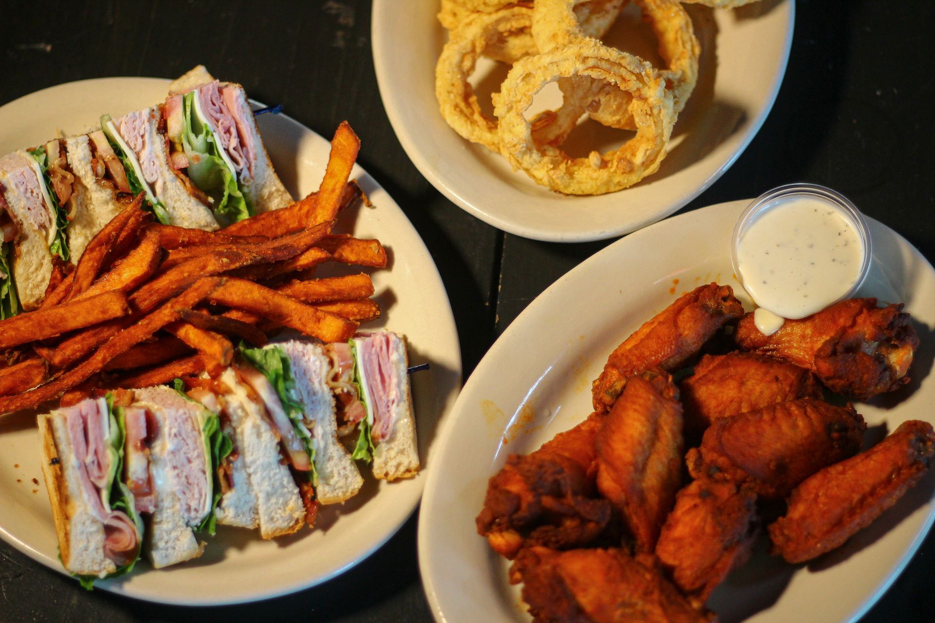 Sandwich Platter, Onion Rings Platter, & Chicken Wings Platter
