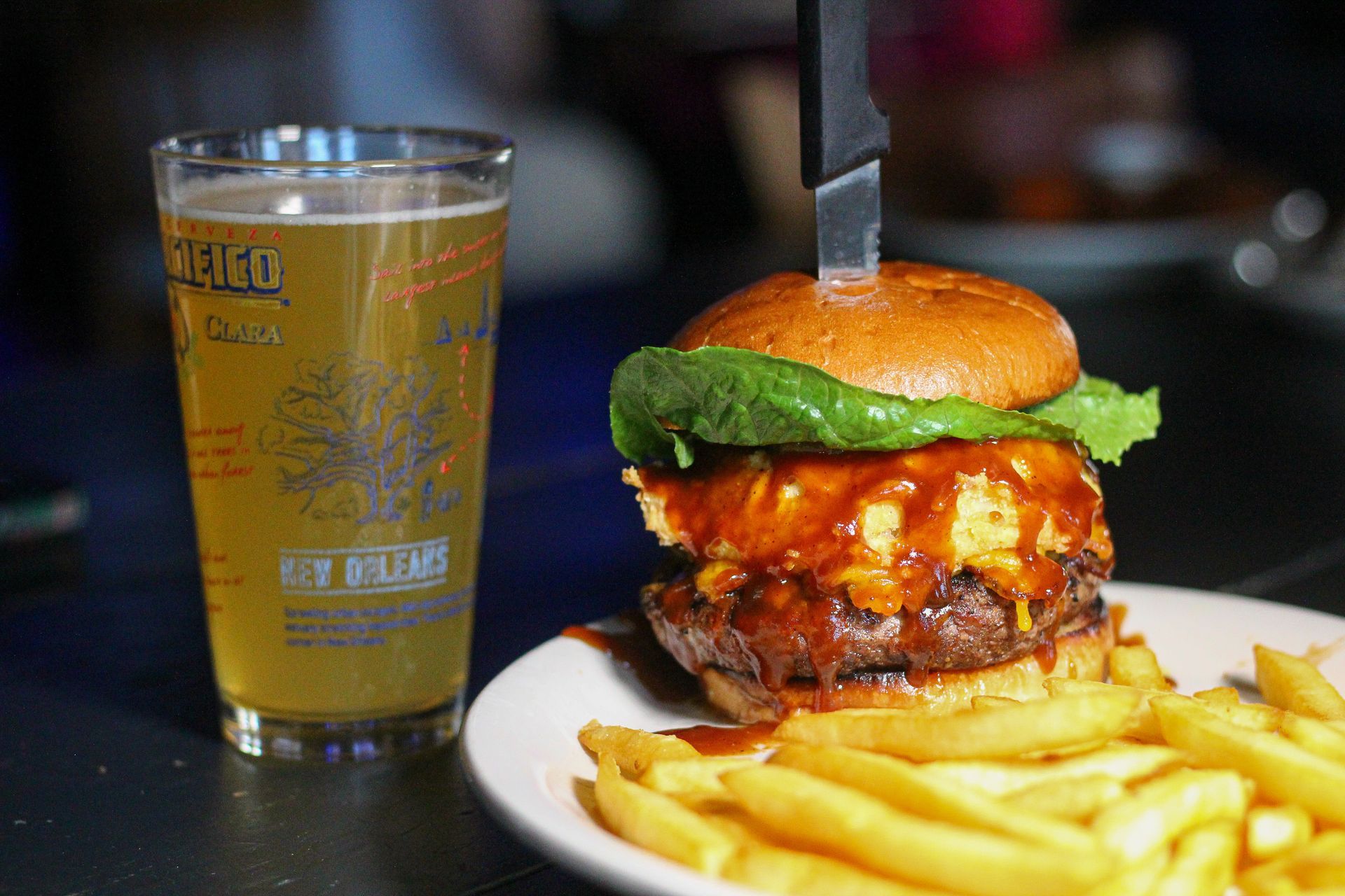 Hamburger & Fries plate with Beer