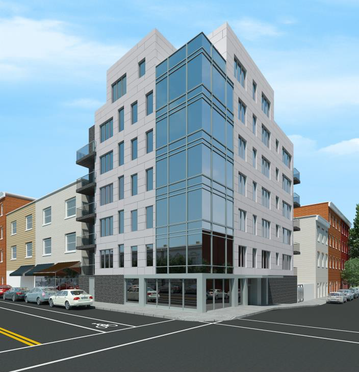 Modern multi-story office building with glass corner facade on a city street corner