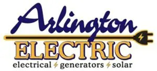 Logo for Arlington Electric featuring the company name, an electrical plug graphic, and the services electrical, generators, solar.