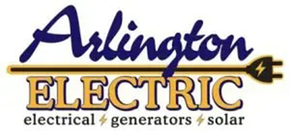 Logo for Arlington Electric featuring the company name, an electrical plug graphic, and the services electrical, generators, solar.