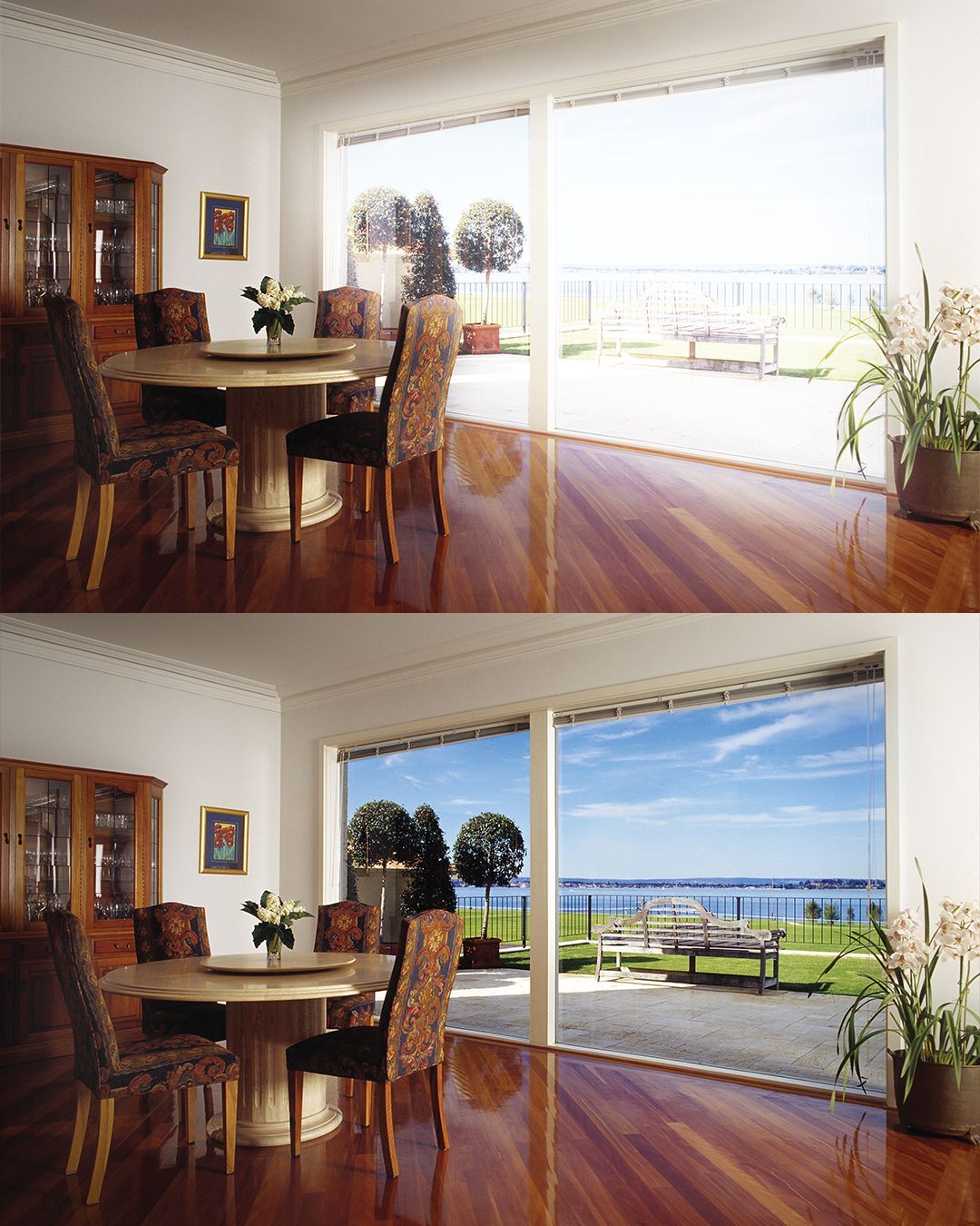 A dining room with a table and chairs