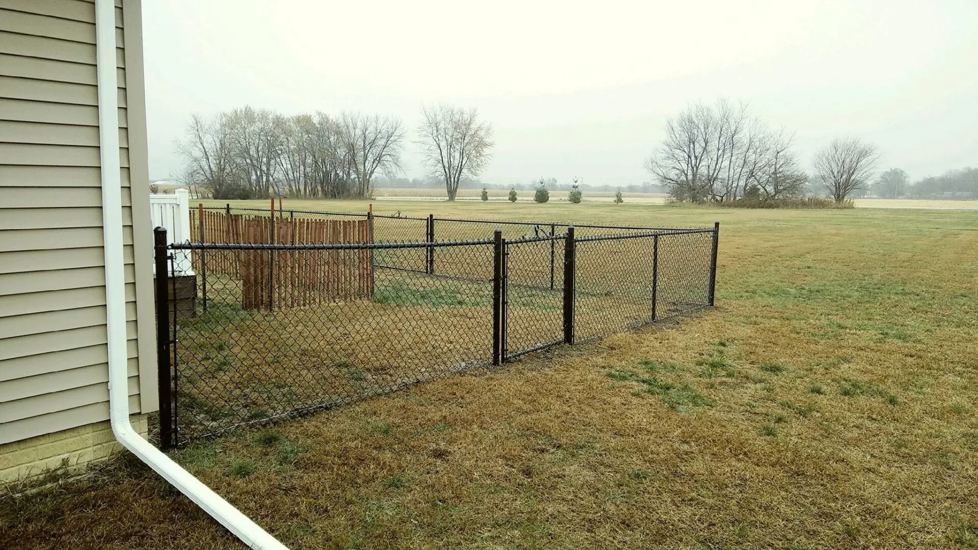 Black chain-link fence encloses a small garden on a grassy yard next to a beige house, overcast day.