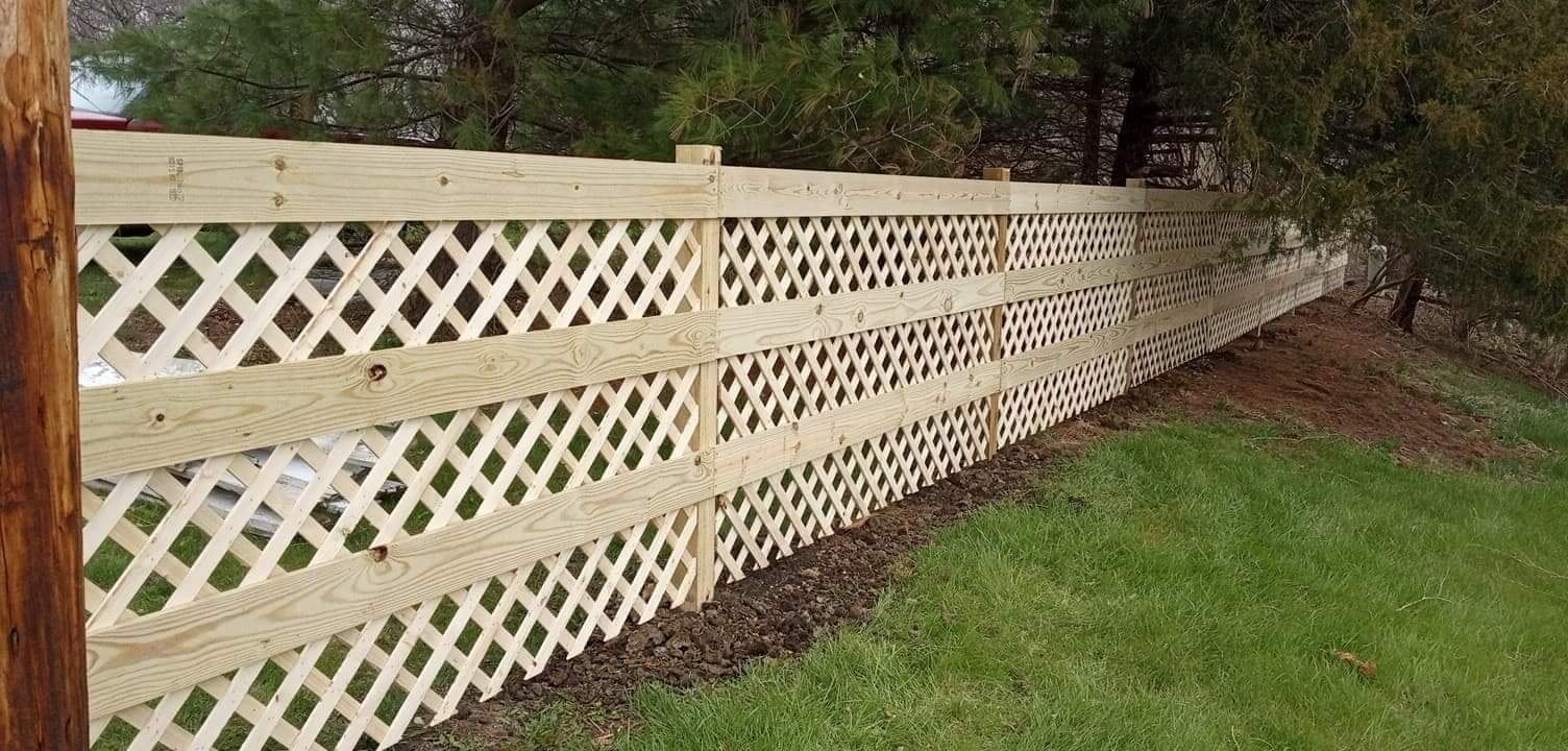 A light wood lattice fence runs diagonally across the frame, separating green grass from a dark, mulched garden bed.
