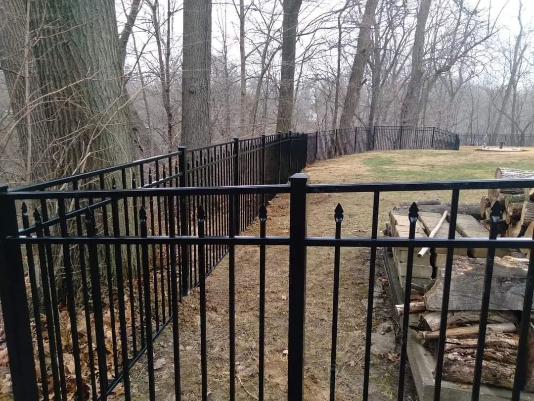 Black metal fence bordering a yard next to a wooded area.