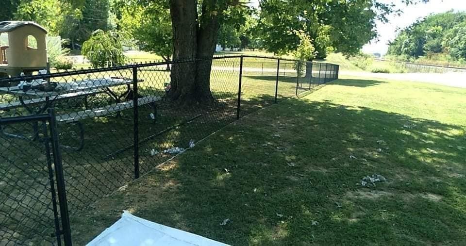 Black chain-link fence surrounds a grassy area with a tree, picnic tables, and a small play structure on a sunny day.