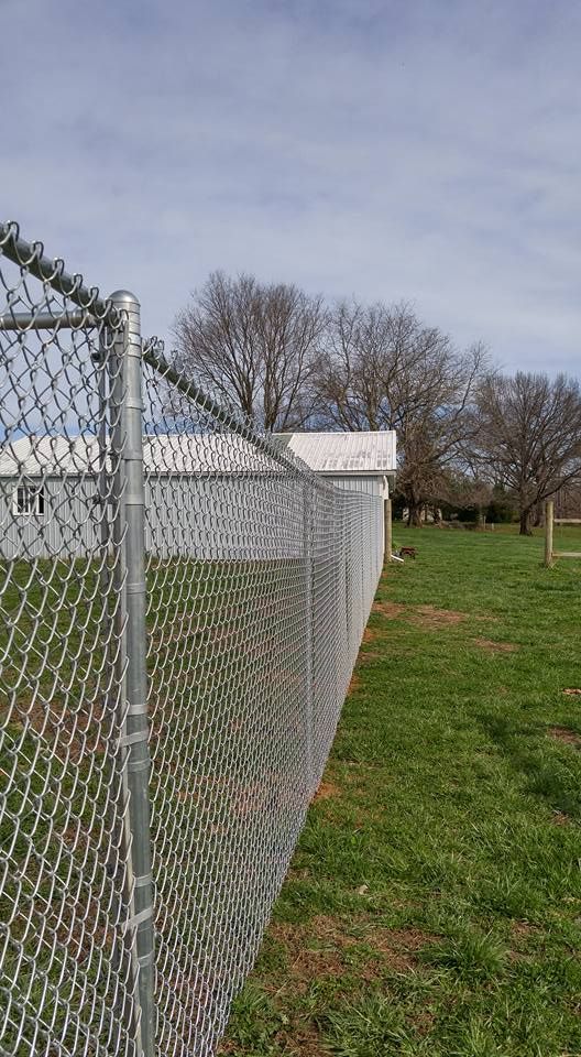 A close-up view of a metal chain-link fence stretching along a grassy lawn toward a small building in the distance.
