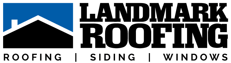 Landmark Roofing logo with roof graphic, blue and black. Roofing, Siding, Windows text below.