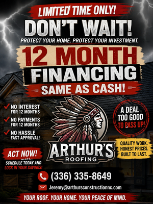 Arthur’s Roofing ad with “12 Month Financing,” red-and-black design, phone number, and storm damage claims