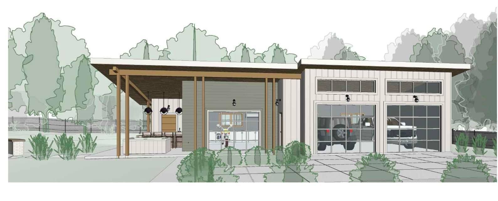 Architectural rendering of a modern house with a wooden porch and large glass windows.