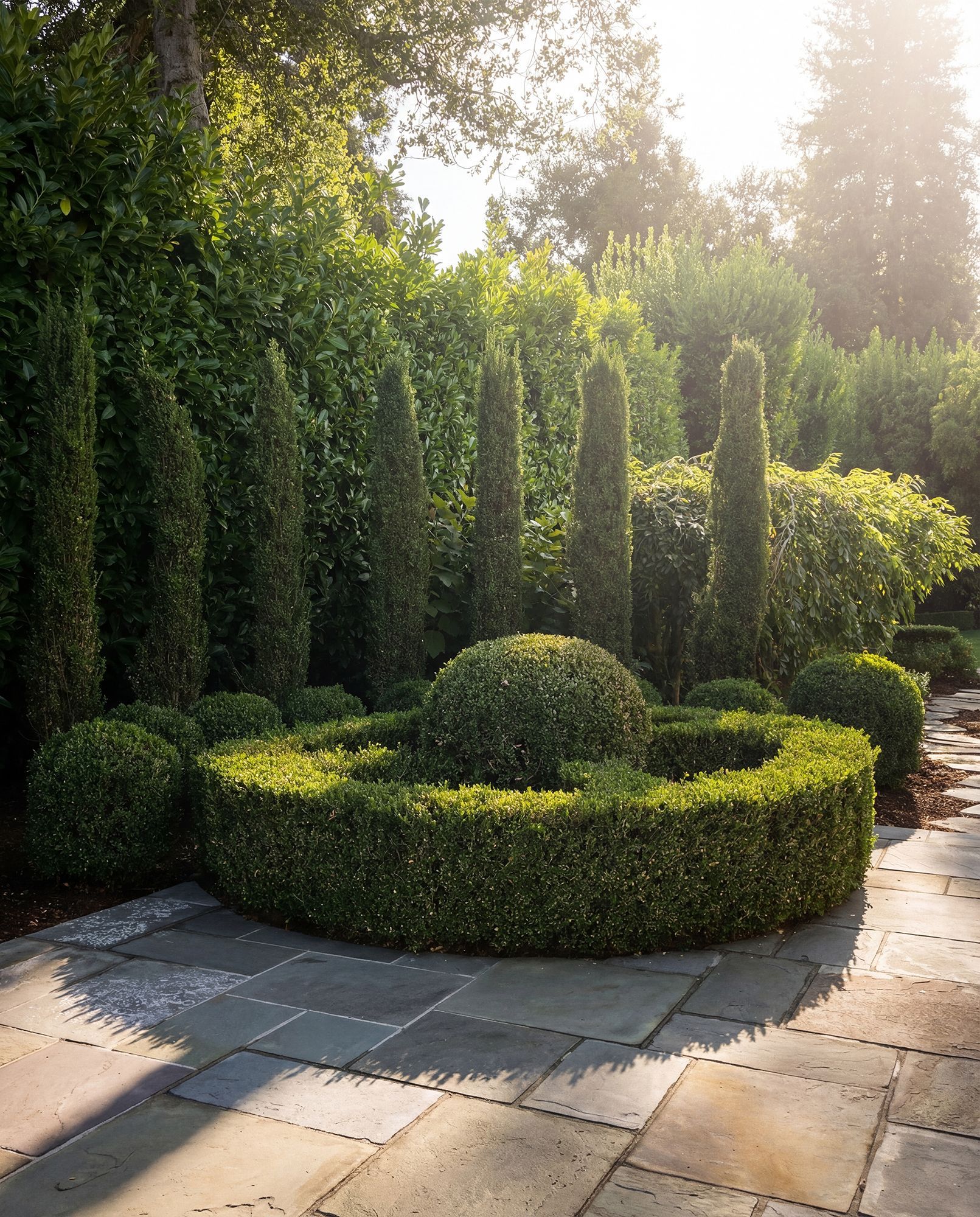 Manicured garden with round and column-shaped green shrubs against a sunny backdrop on a stone patio.