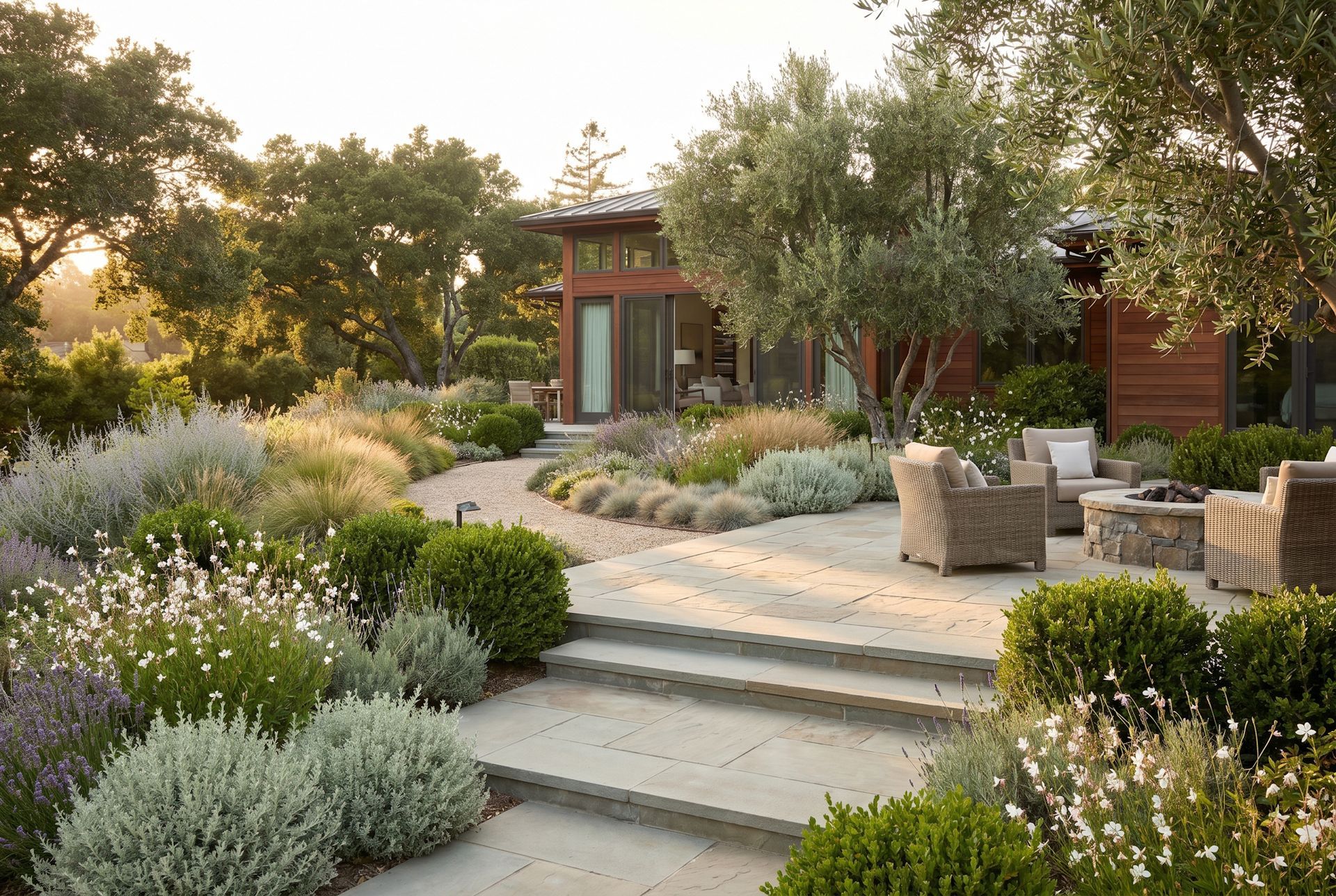 Modern garden patio with stone steps, lounge chairs, and lavender landscaping at sunset