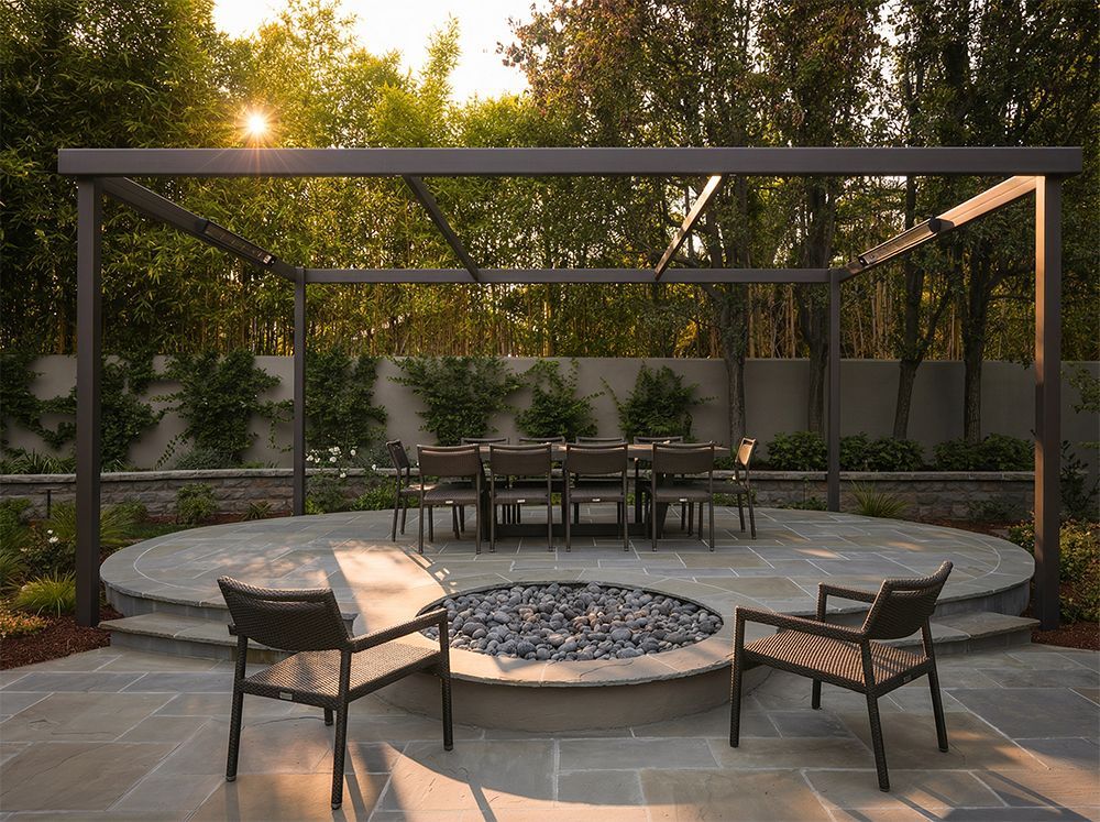 Outdoor dining area with a pergola, circular patio, fire pit, and chairs.