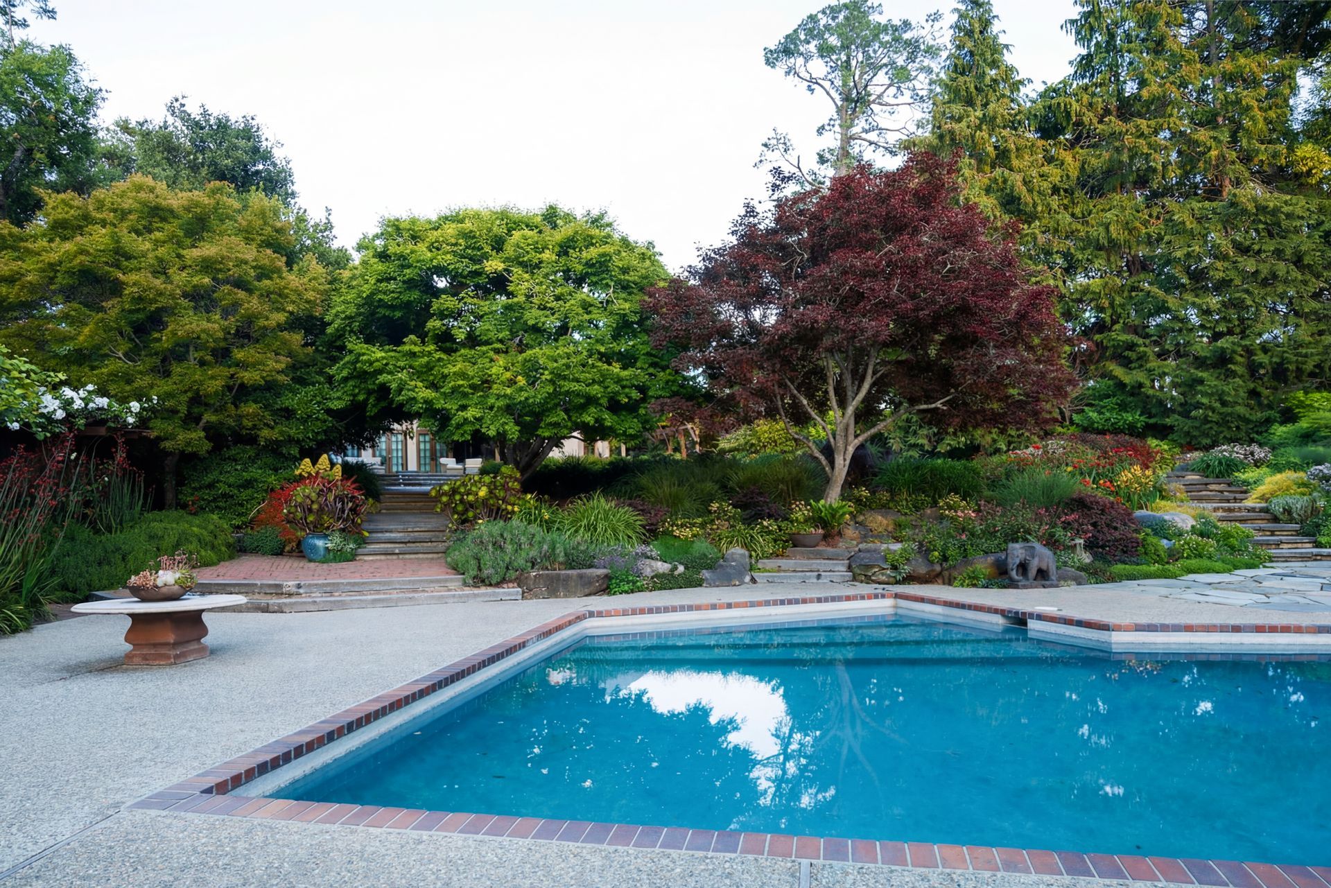 Swimming pool surrounded by lush landscaping and trees; brick patio, red and green foliage.