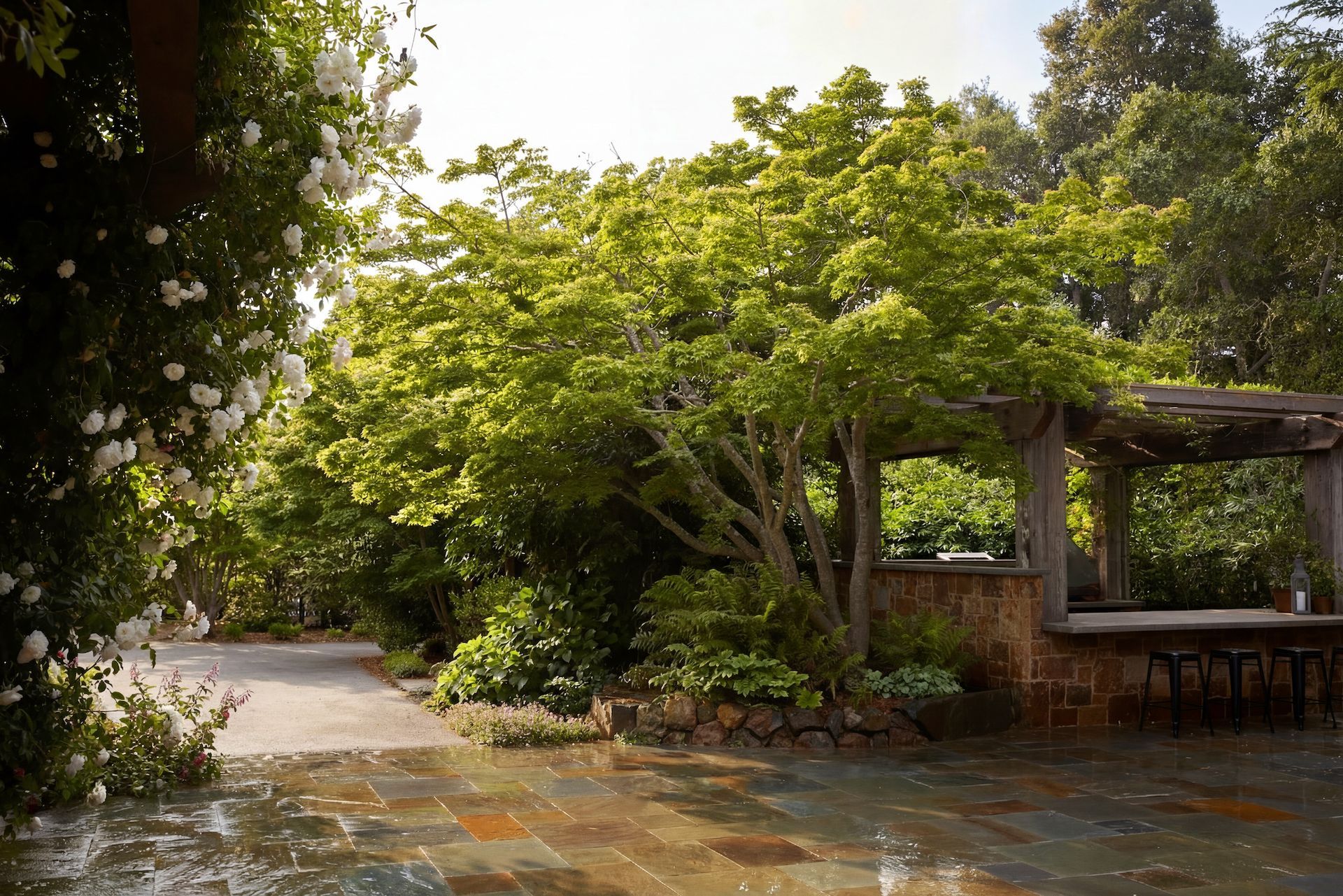 Lush garden with a stone patio. A wooden pergola with a table and chairs is on the right. Green foliage abounds.