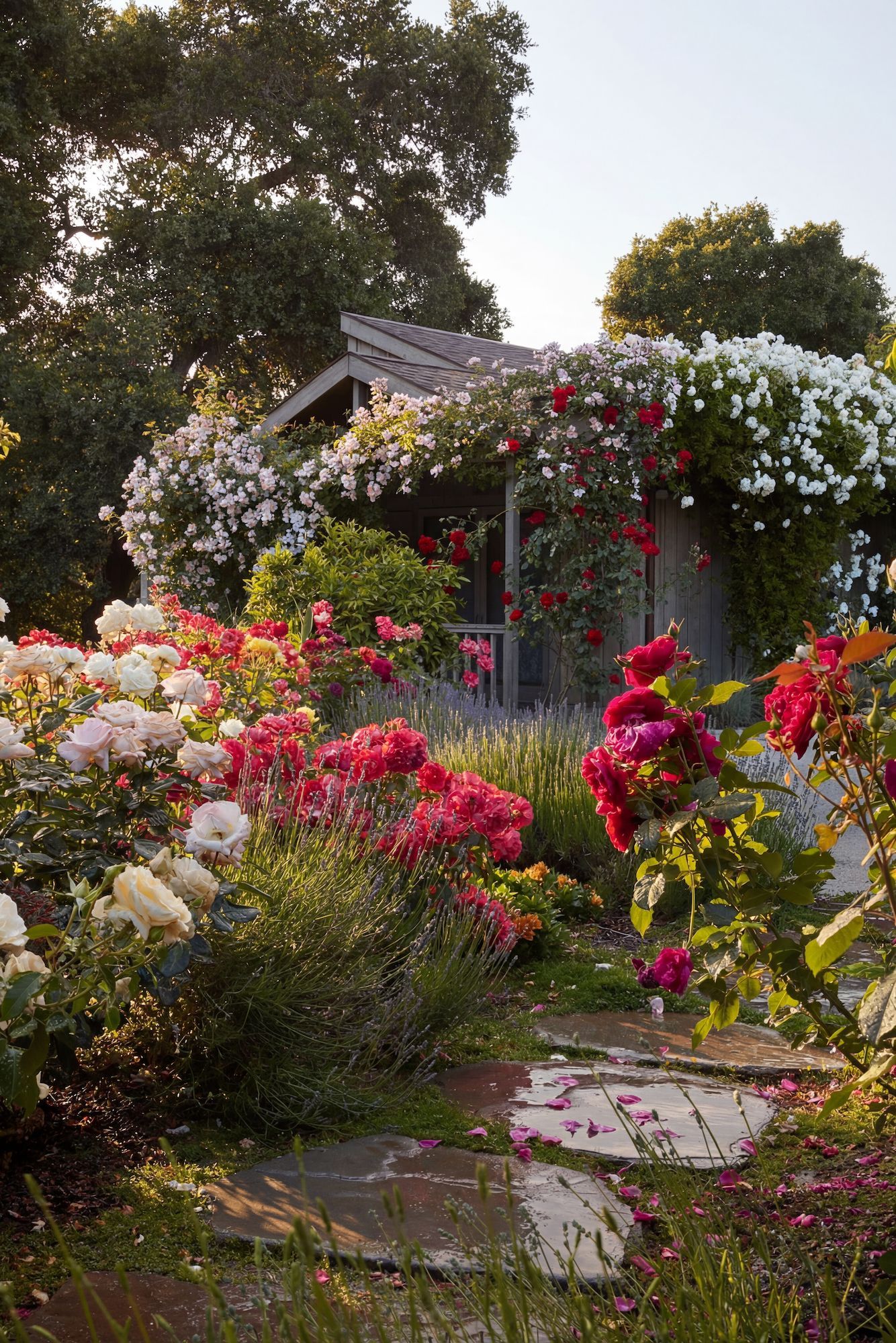 Roses blooming around a small structure; red and white flowers, stone path, bright sunlight.