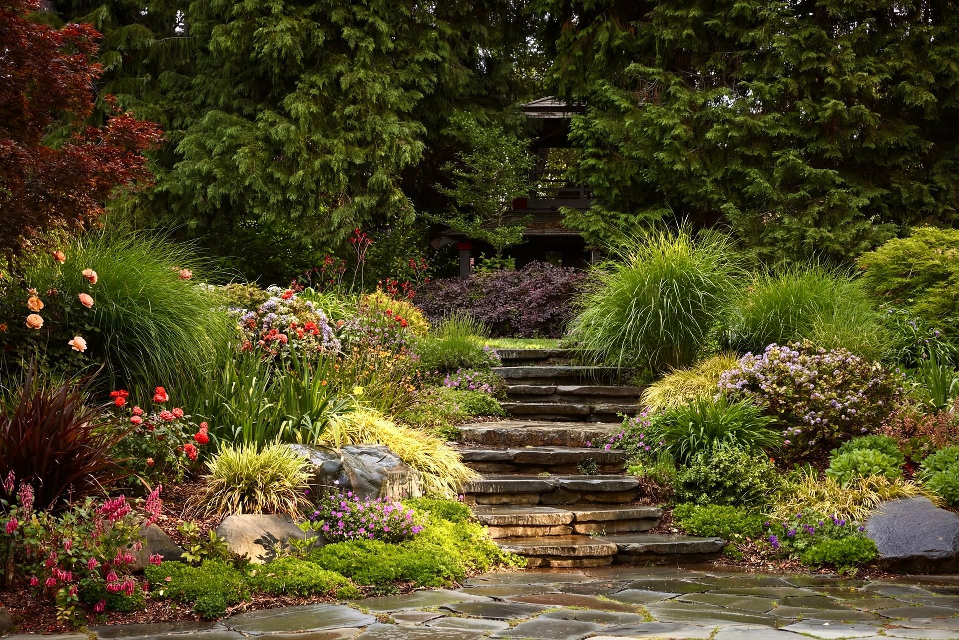 Stone steps ascend through a lush garden with colorful flowers and green foliage.