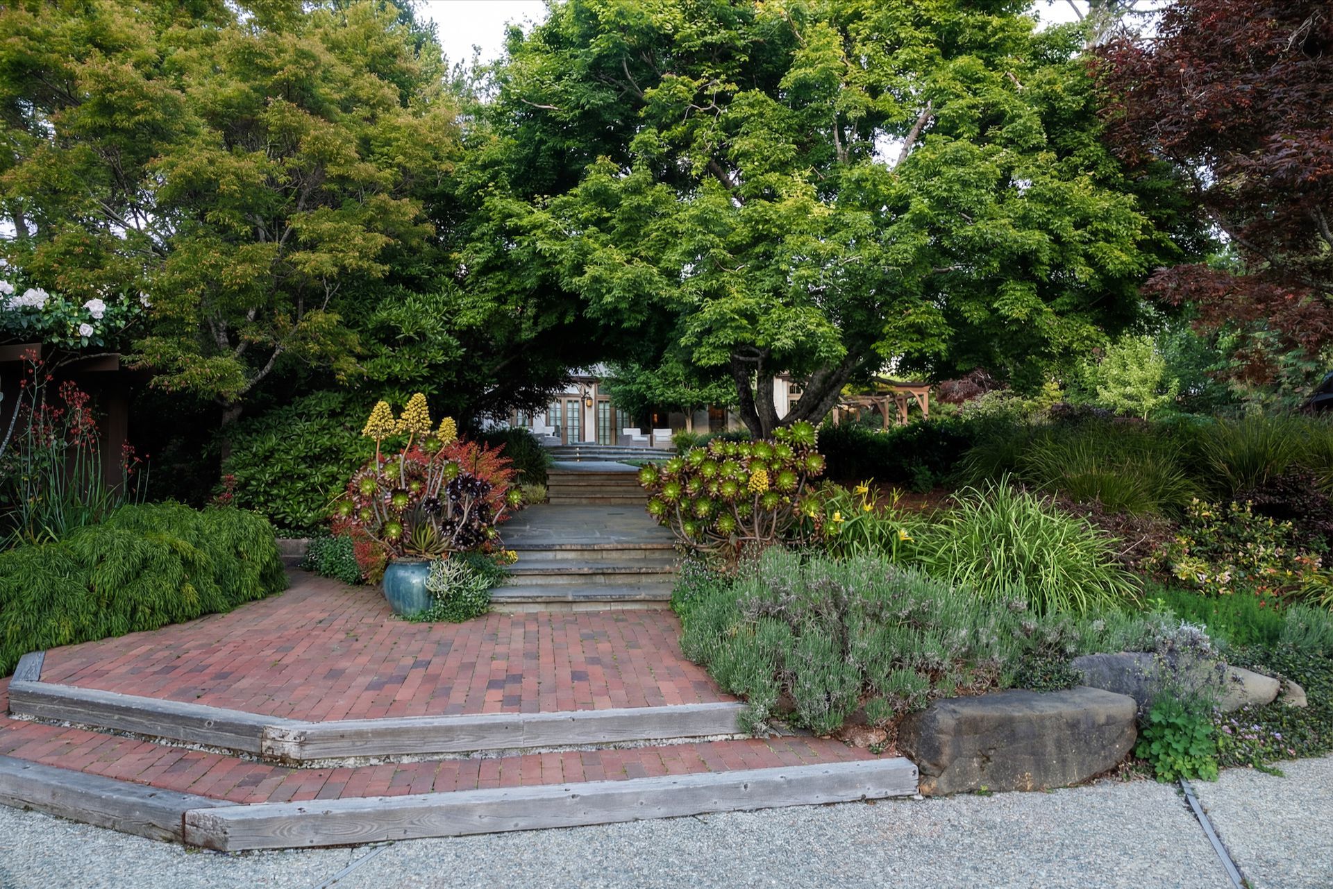 Brick path and steps lead through lush greenery and trees.