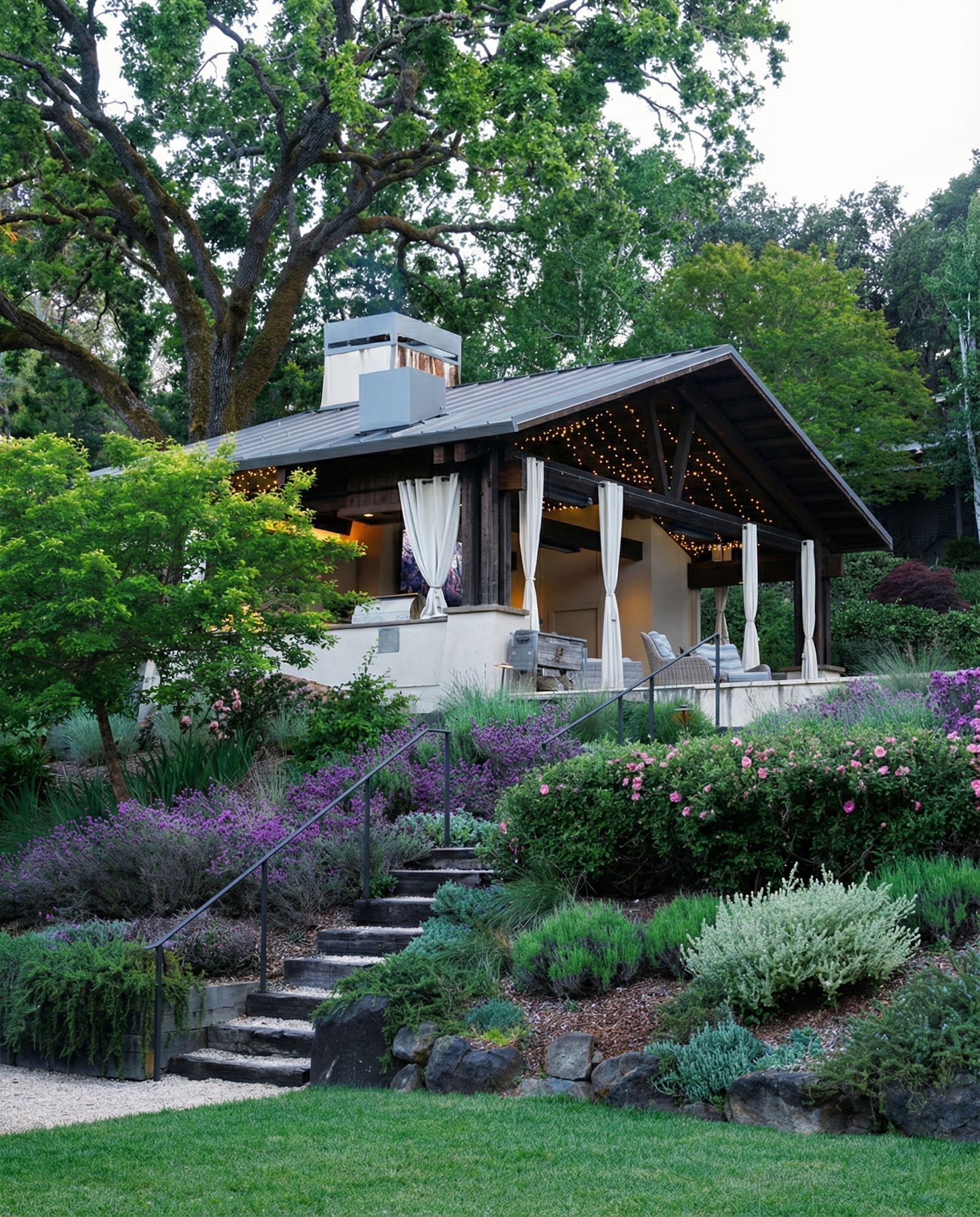 Outdoor patio with draped curtains, surrounded by landscaped gardens and stairs.