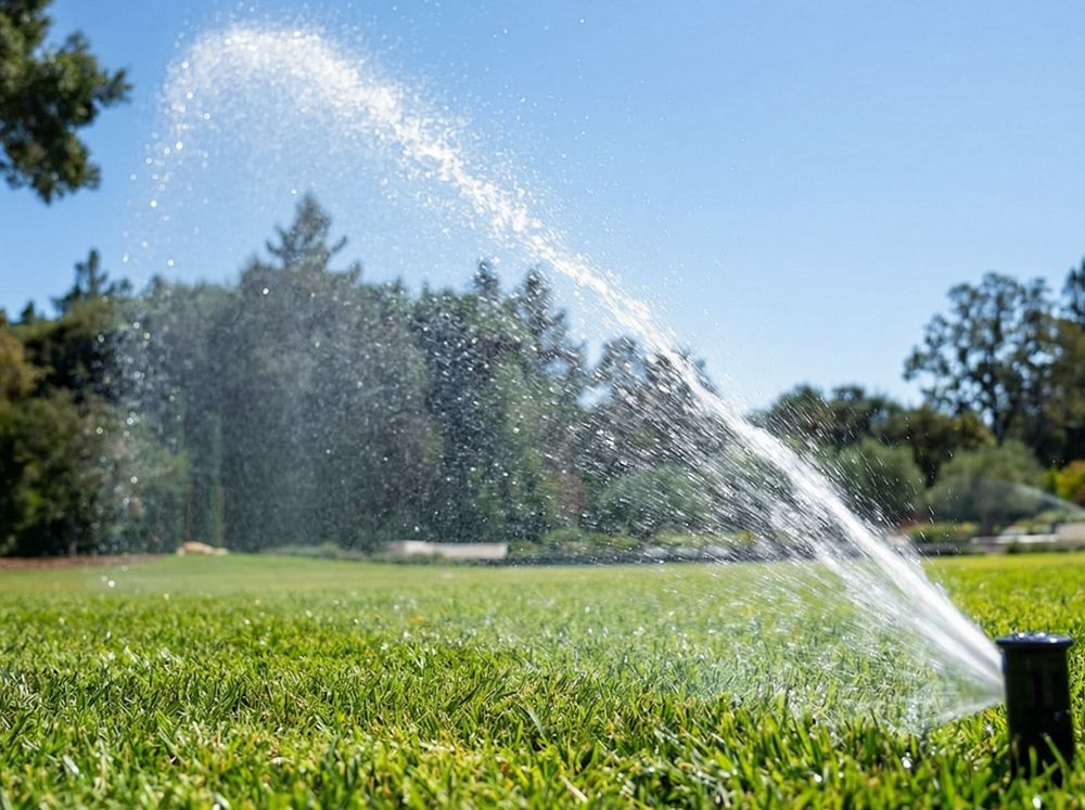 Sprinkler spraying water onto a green lawn under a blue sky, trees in the background.