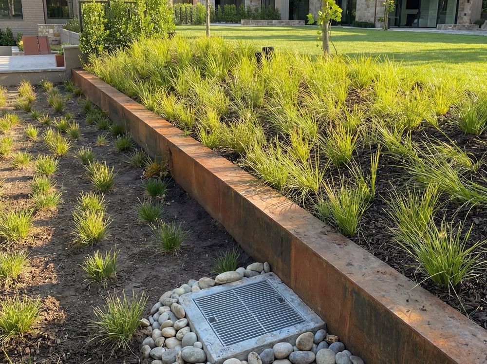 Raised garden bed with rusty metal edging, filled with green grass and plants, next to a drainage grate.