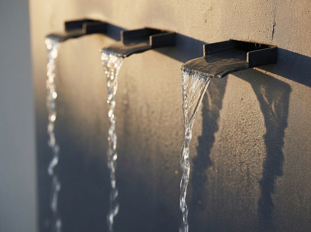 Three metal water spouts with flowing water against a textured wall, casting shadows.