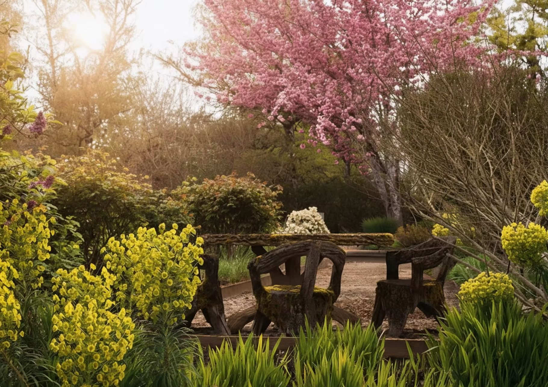Wooden table and chairs in a garden with blooming pink and yellow flowers; sunlight.