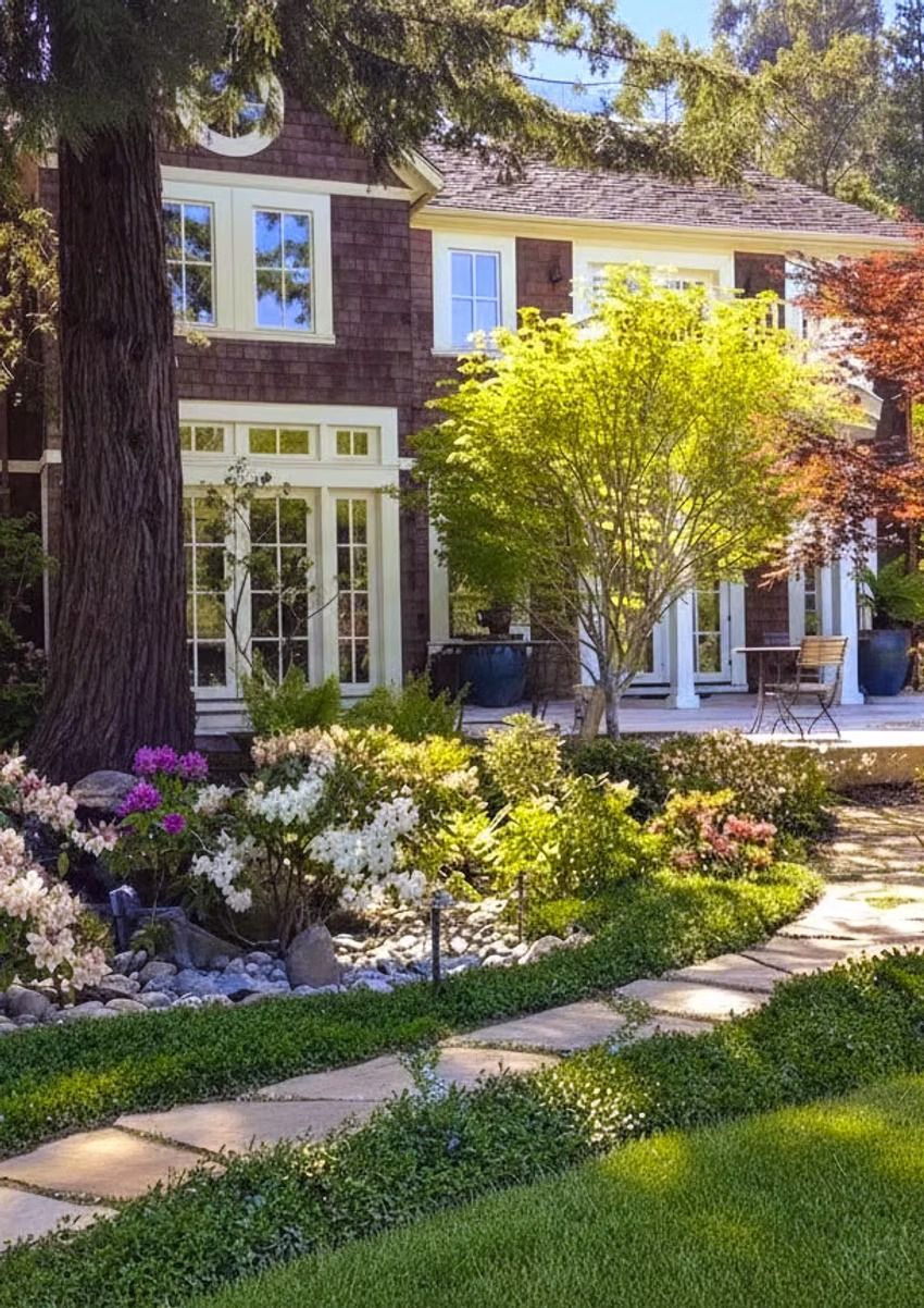 Two-story house with cedar siding, surrounded by a lush garden, stone pathway, and trees.