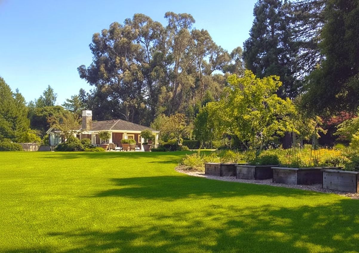 Lush green lawn with a small house in the background, surrounded by trees under a bright blue sky.