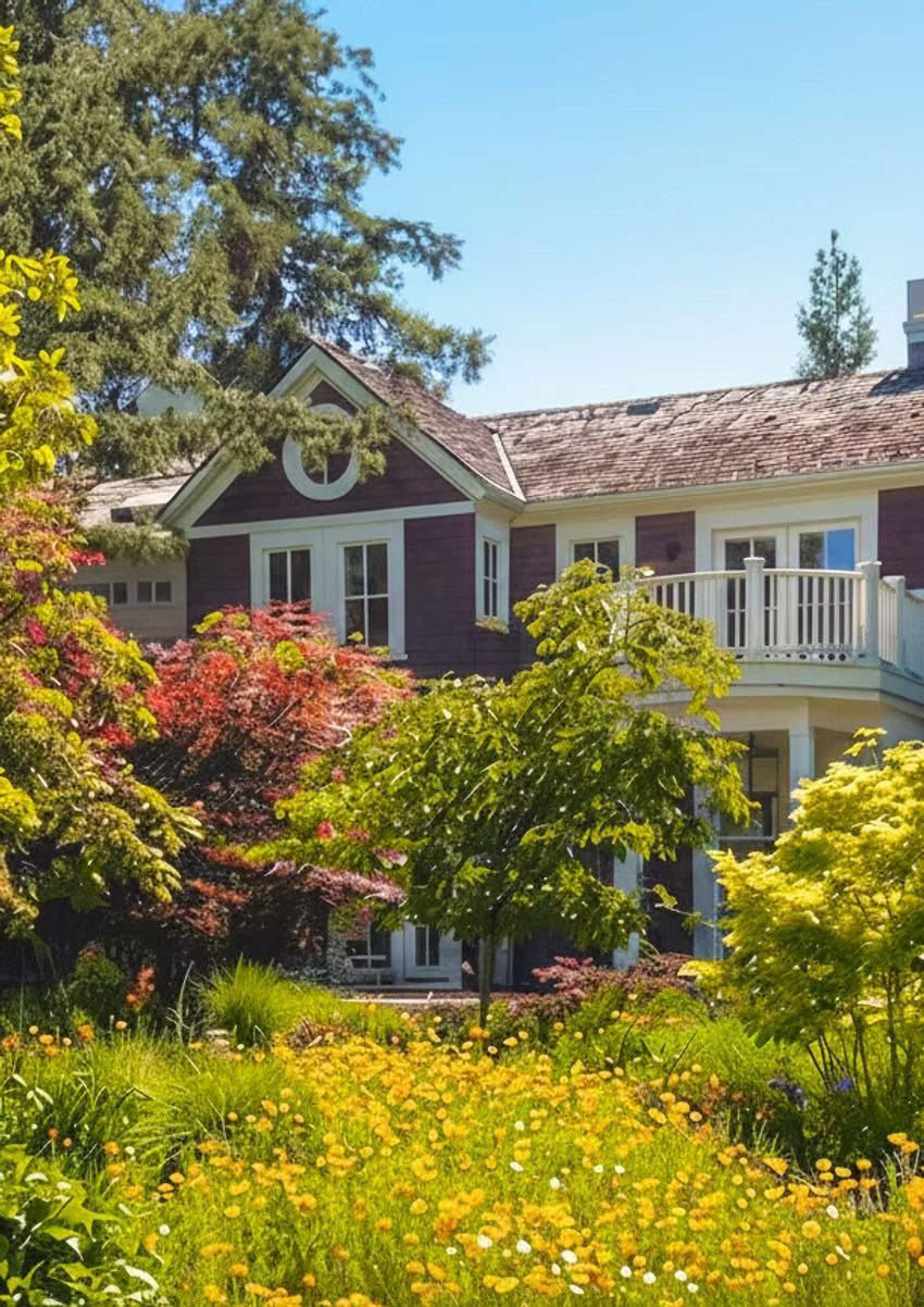 Two-story burgundy house with white trim, balcony, and a lush garden of colorful trees and yellow flowers.