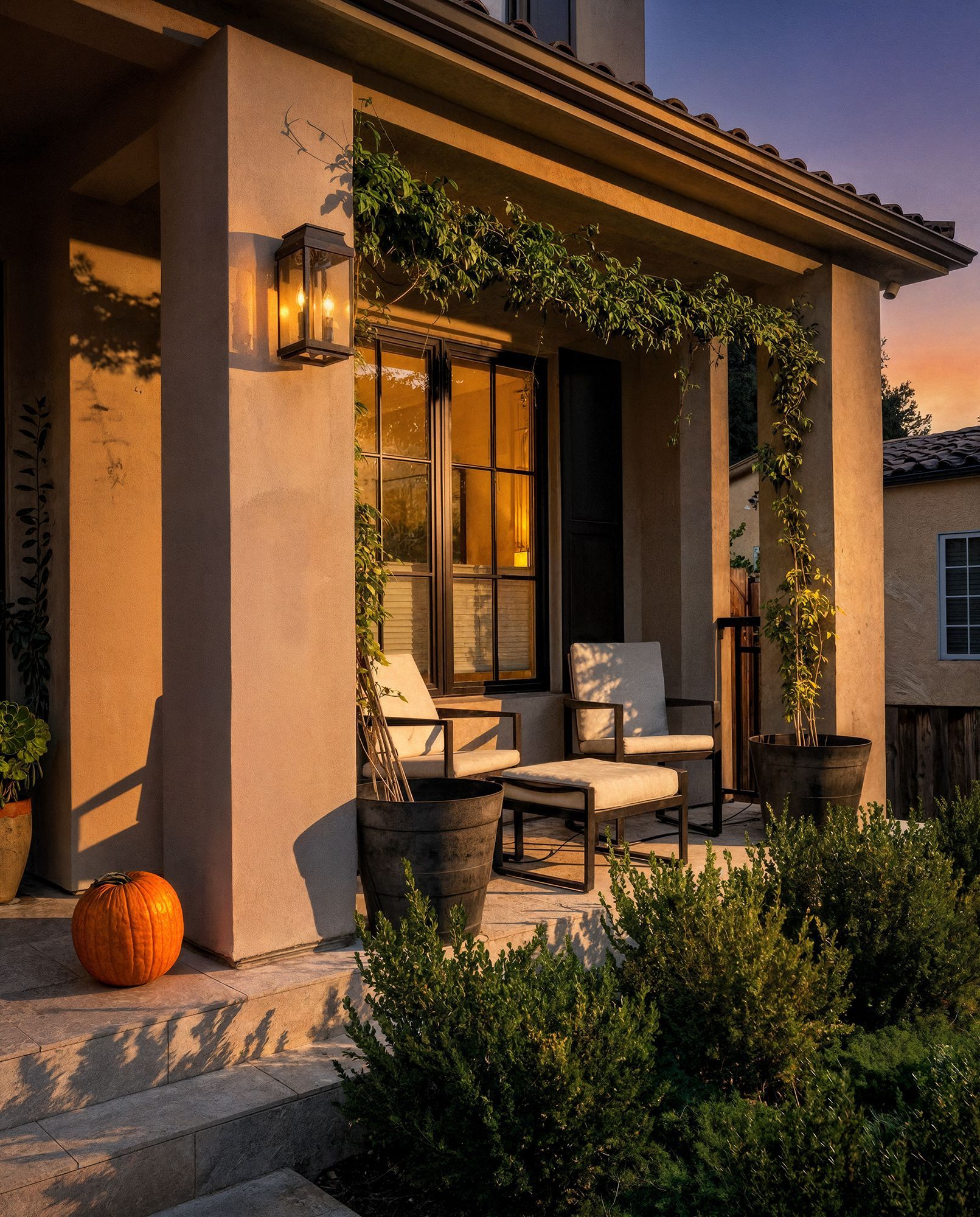 Porch with seating, pumpkin, and climbing vines; warm sunset.