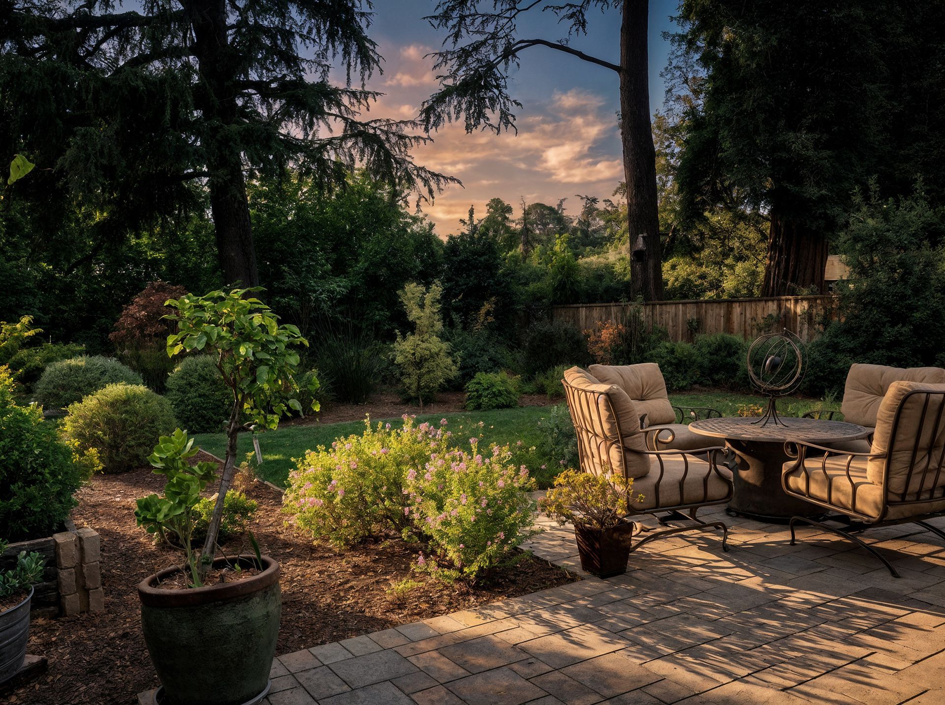 Patio with outdoor seating surrounded by lush green garden and trees.