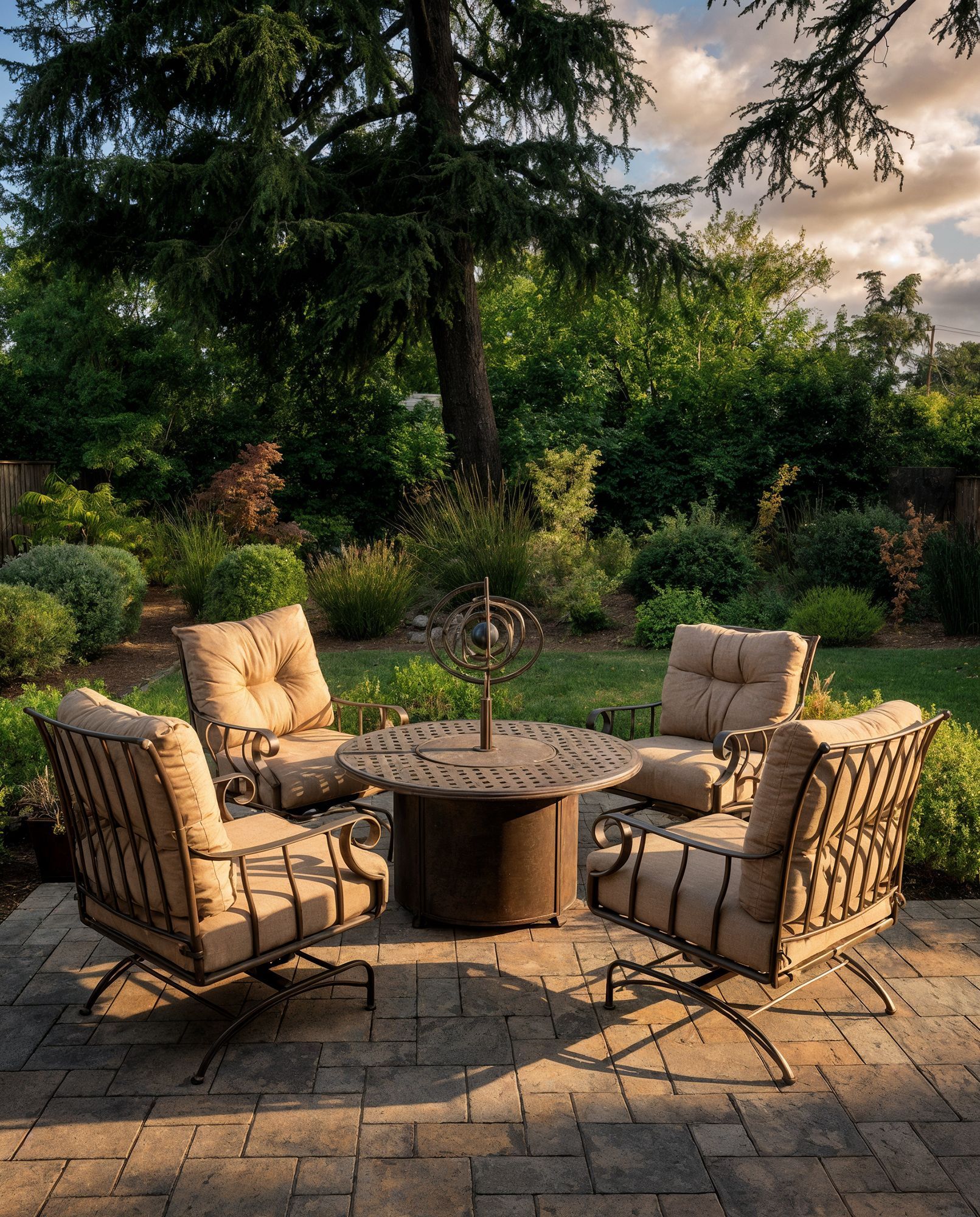 Outdoor patio set with four cushioned chairs around a fire pit, in a sunny garden setting.