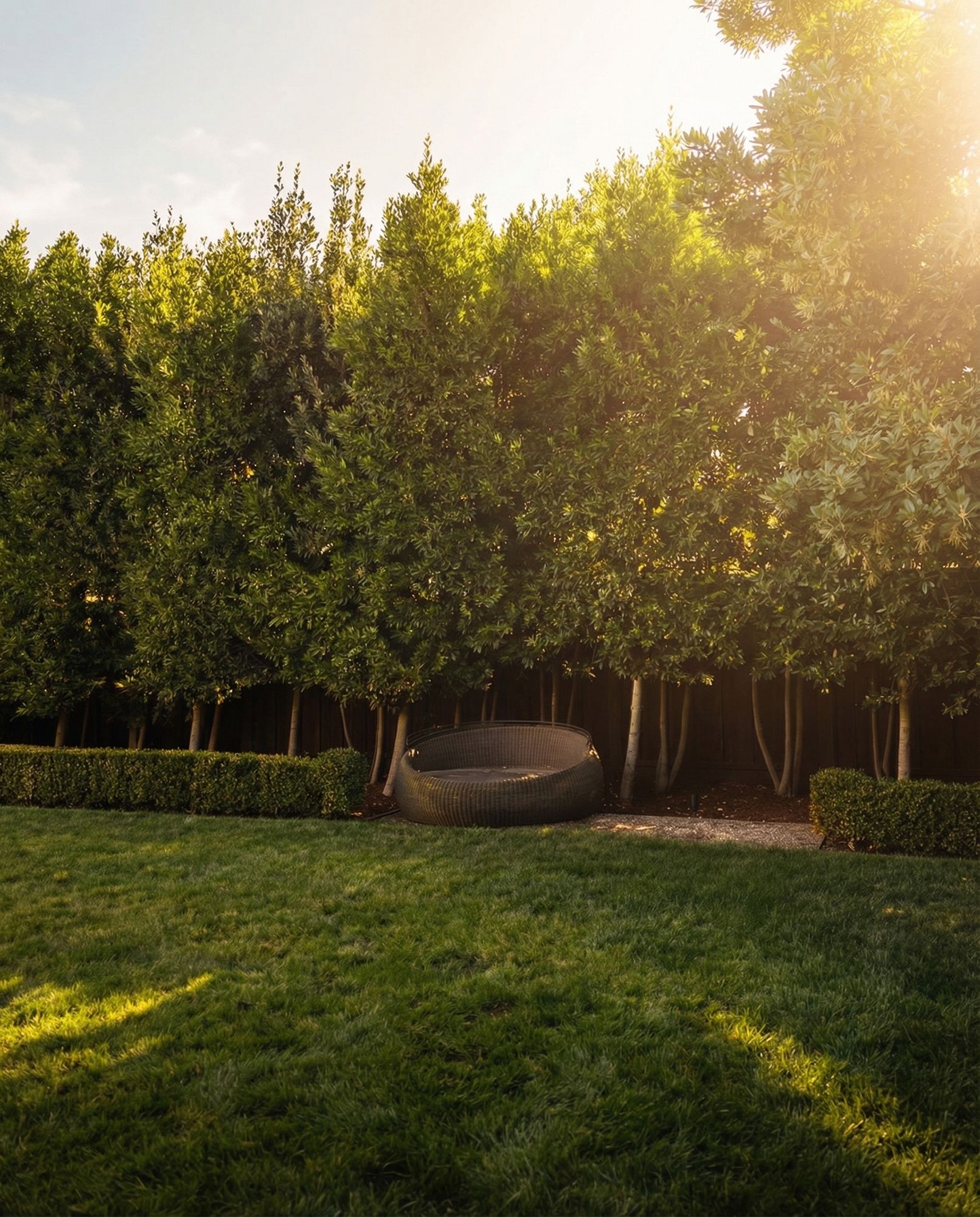 Green lawn with a row of trees and a hedge. Sunlight shining through.