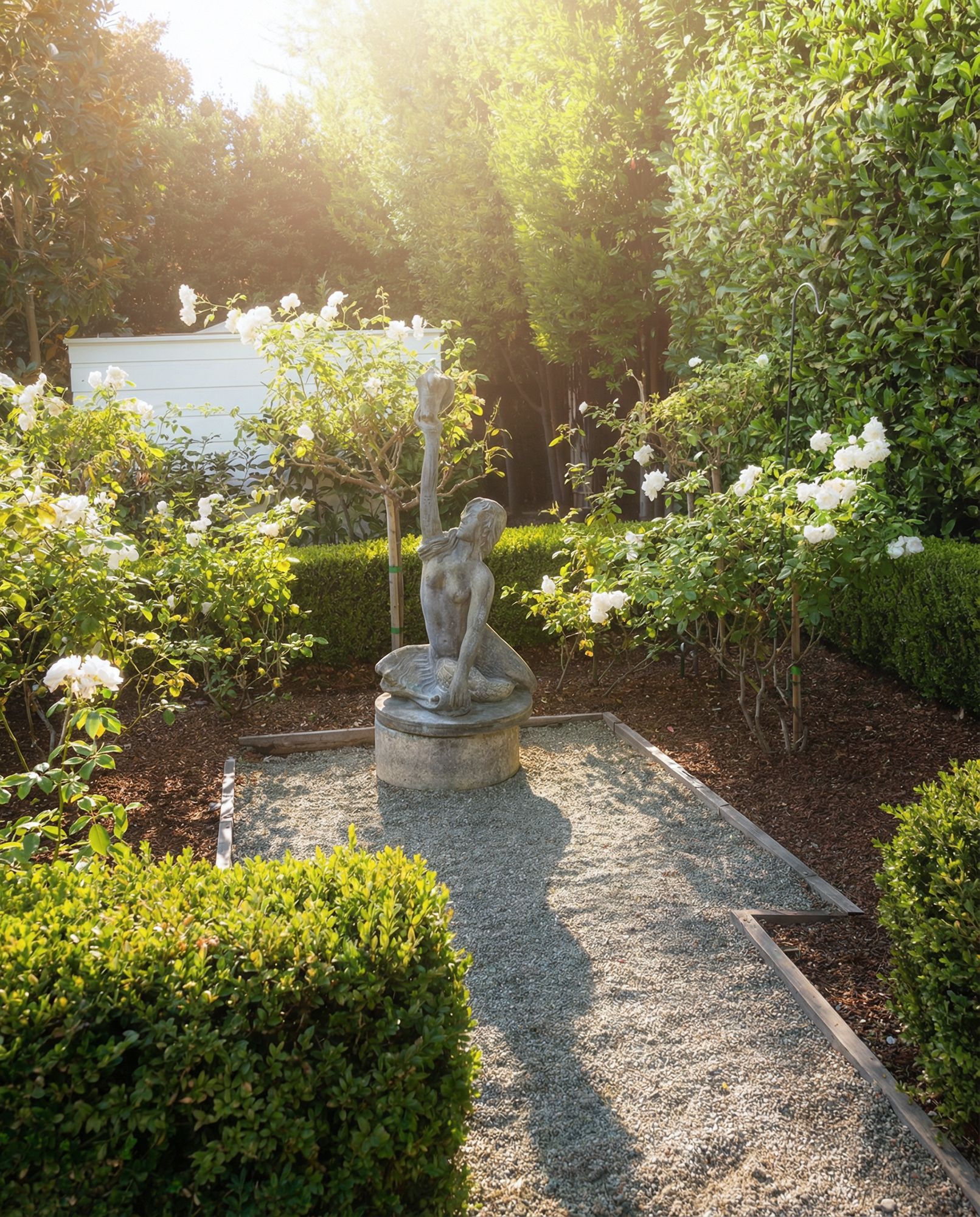 Stone sculpture in garden, gravel path, white roses, and sunlight.