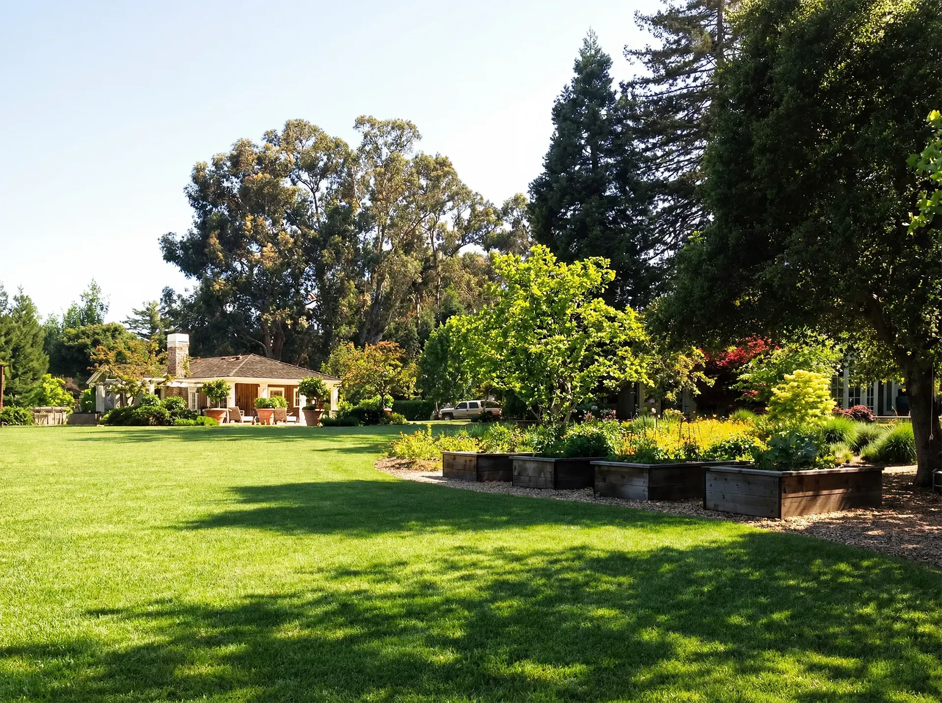 Lush green lawn with raised garden beds, trees, and a gazebo on a sunny day.
