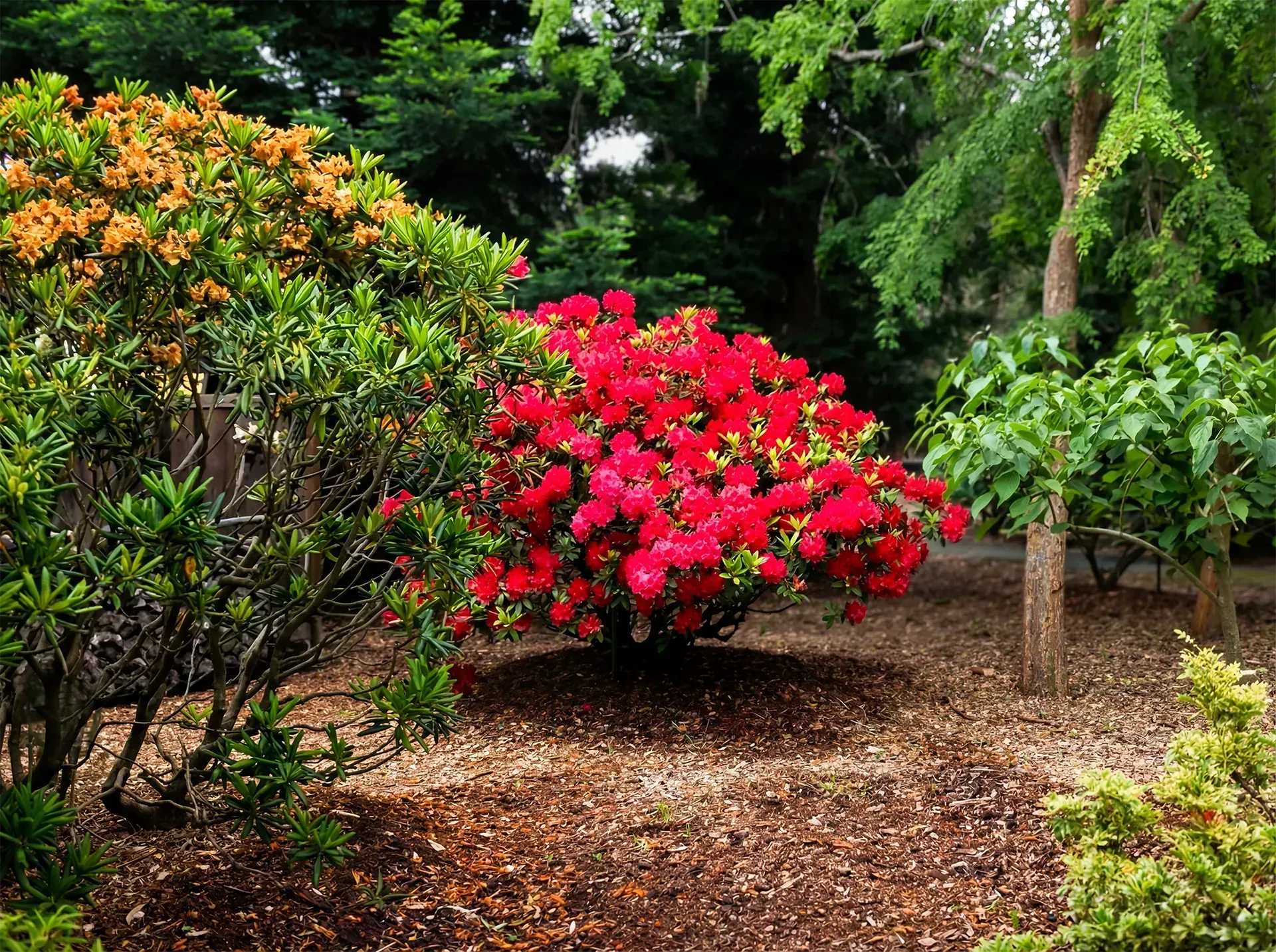 Red azalea bush surrounded by various green plants and trees in a garden bed with mulch.