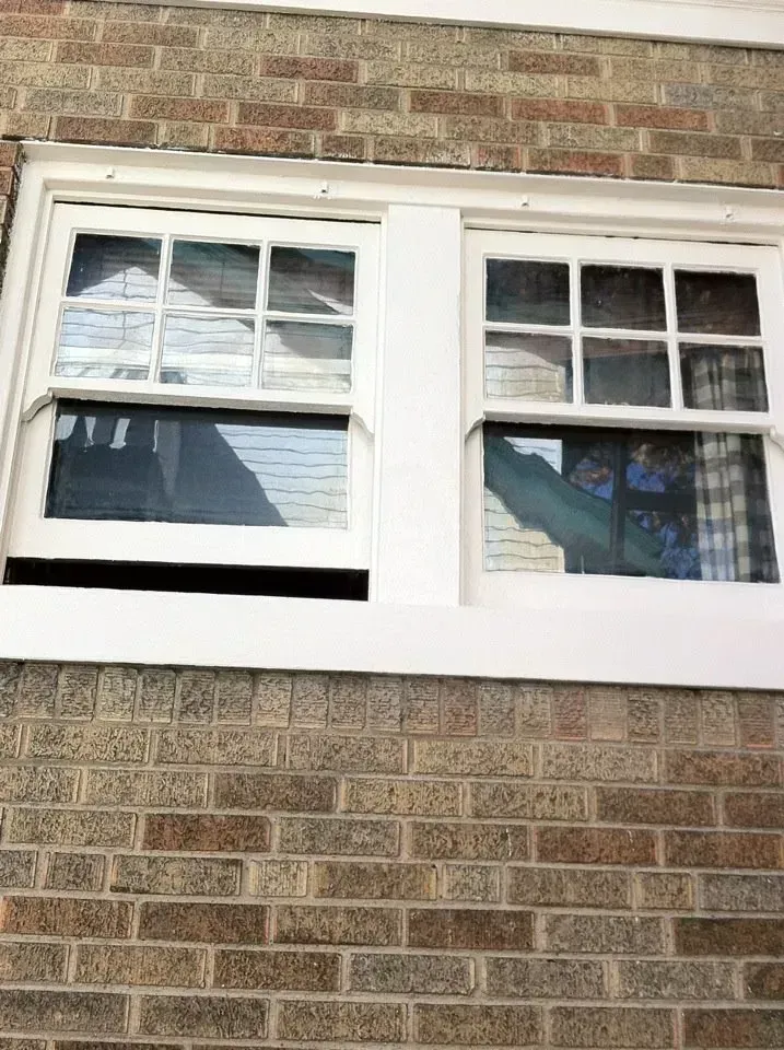 Two white-framed windows, one open, reflect a building and trees.