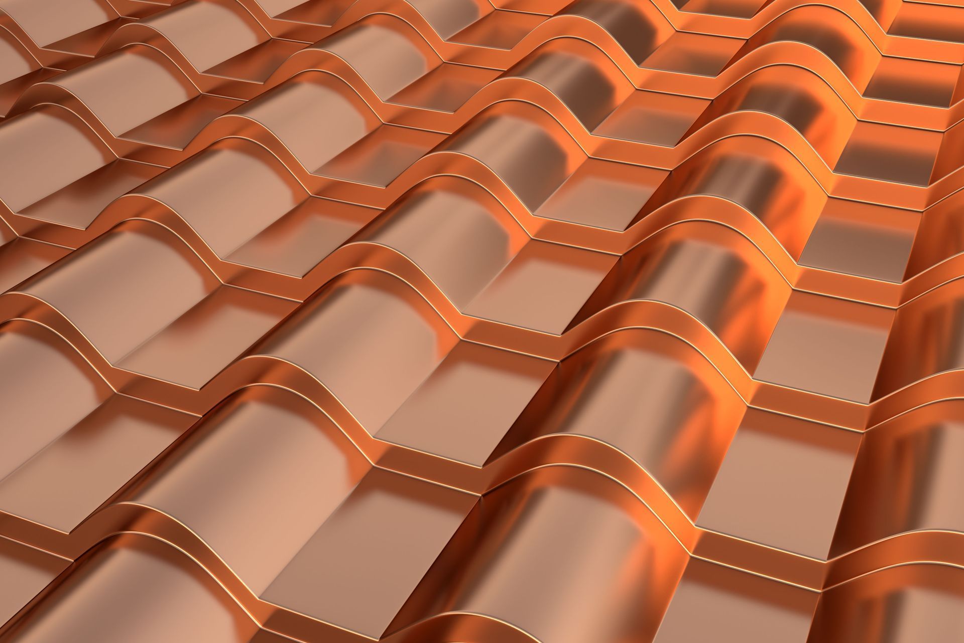 A close-up, angled view of a row of shiny, metallic copper roof tiles with a uniform curved design.