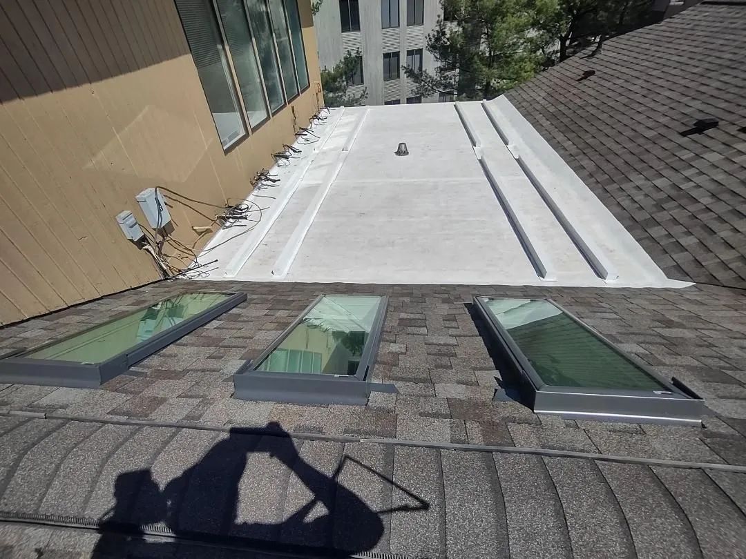 A view from a roof showing a white flat roof section adjacent to a shingled roof with three skylights.