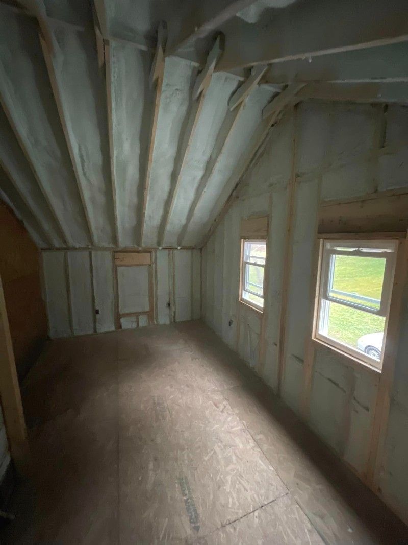 An empty room with a ceiling covered in green spray foam.
