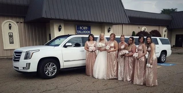 Group posing beside white limousine outside a tan building, wearing matching blush gowns