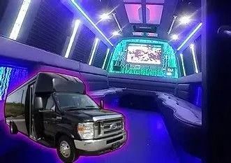 Black van inside a neon-lit party bus with purple and blue lighting